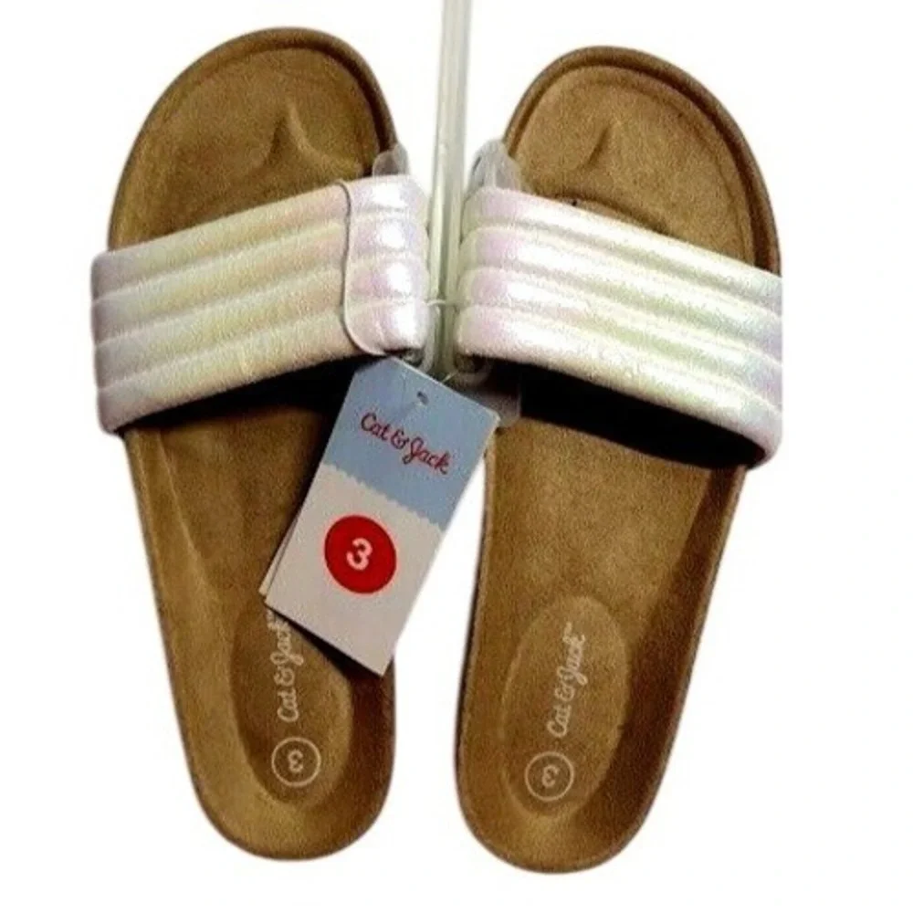 Cat Jack Kids Girls Slides Sandals Iridescent Rainbow White Size 3‎